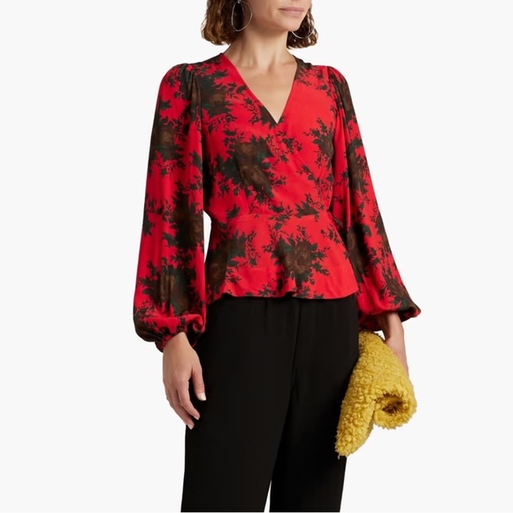 NWT!! GANNI Floral-print crepe de chine wrap top - Picture 4 of 12